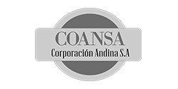 Logotipo para COANSA Corporación Andina SA con texto en forma rectangular sobre un círculo gris.
