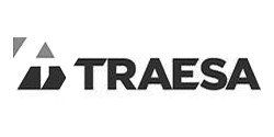 Logotipo para Traesa: Texto negro con gráfico abstracto de triángulo y flecha.