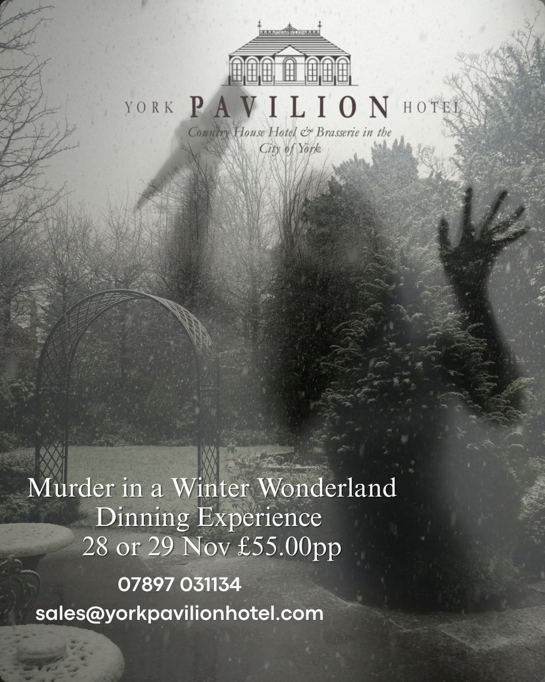 A poster for a murder mystery dining experience at the mason hotel