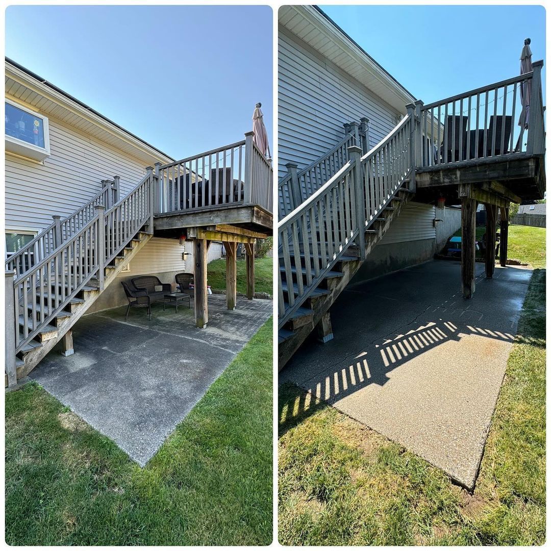 A before and after picture of a deck with stairs leading up to it.