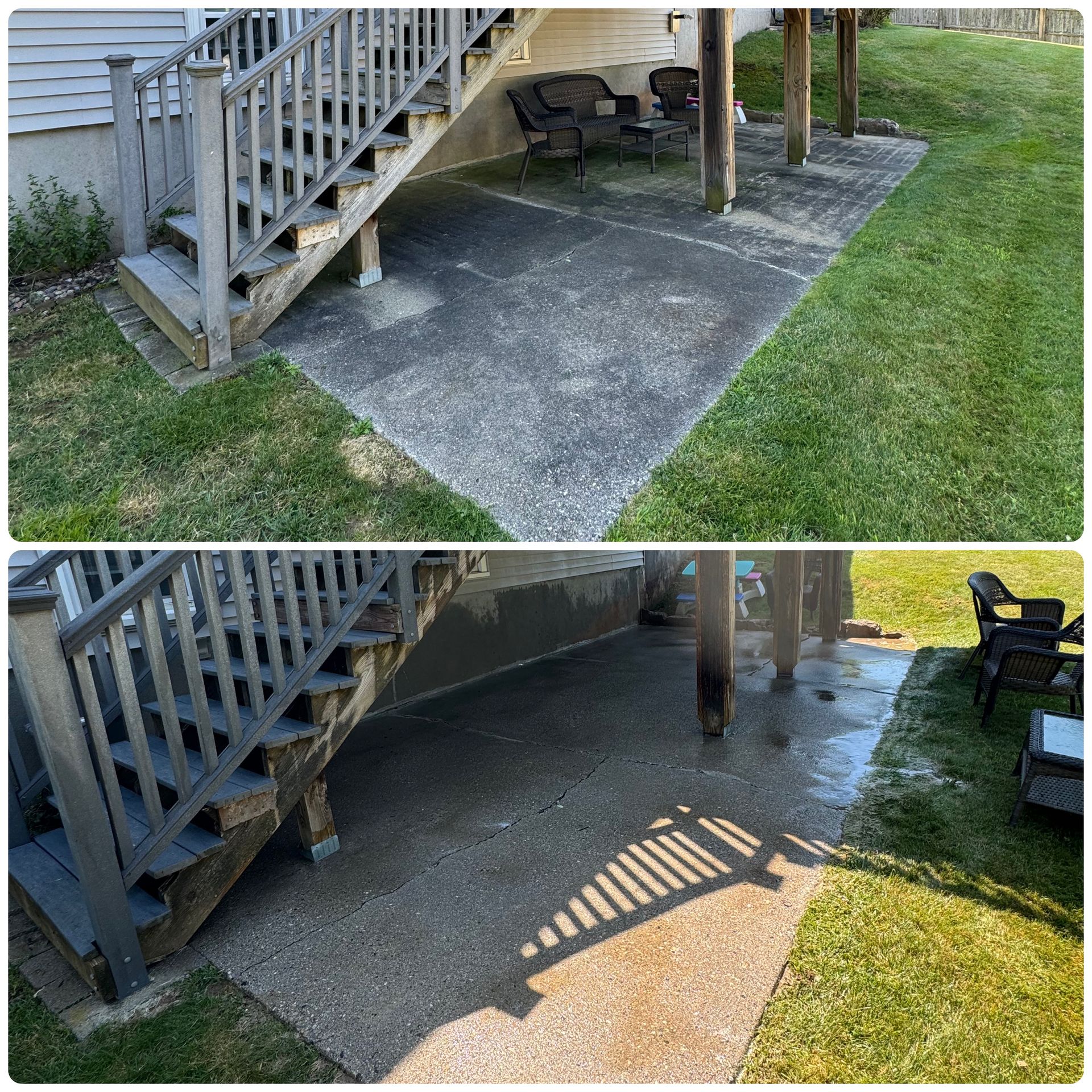 A before and after photo of a patio with stairs and chairs.
