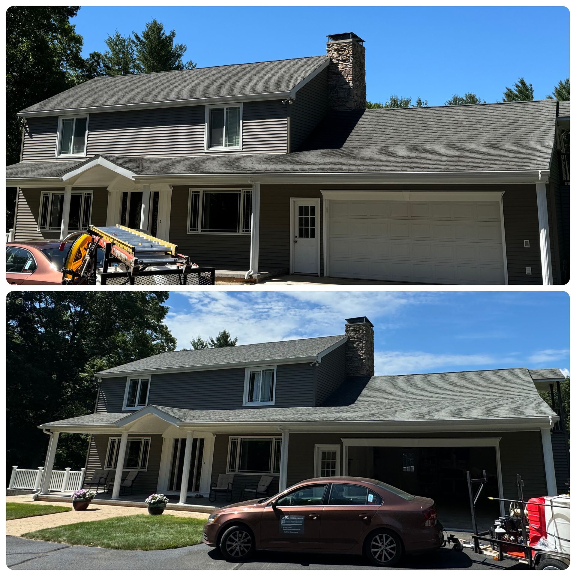 A before and after picture of a house with a car parked in front of it.