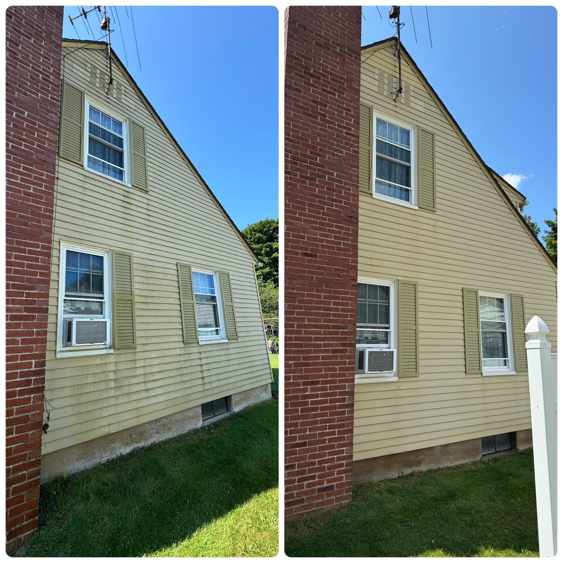 A before and after picture of a house with a brick chimney.