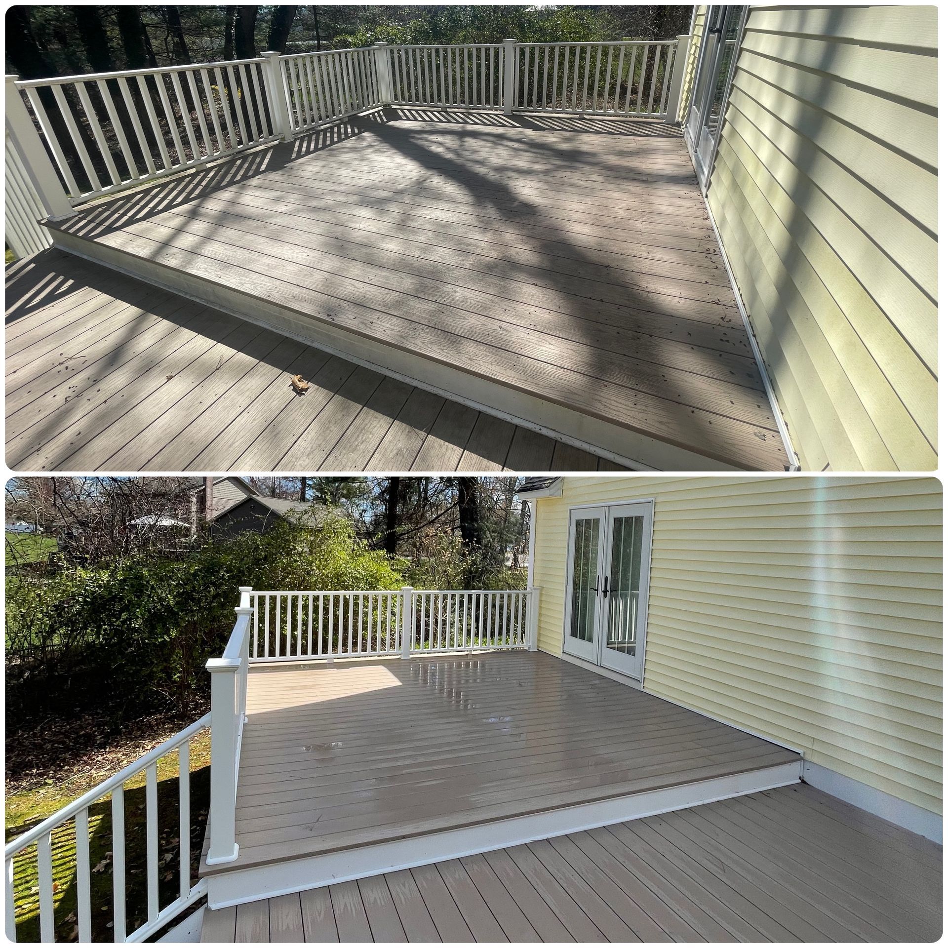 A before and after photo of a deck with a white railing