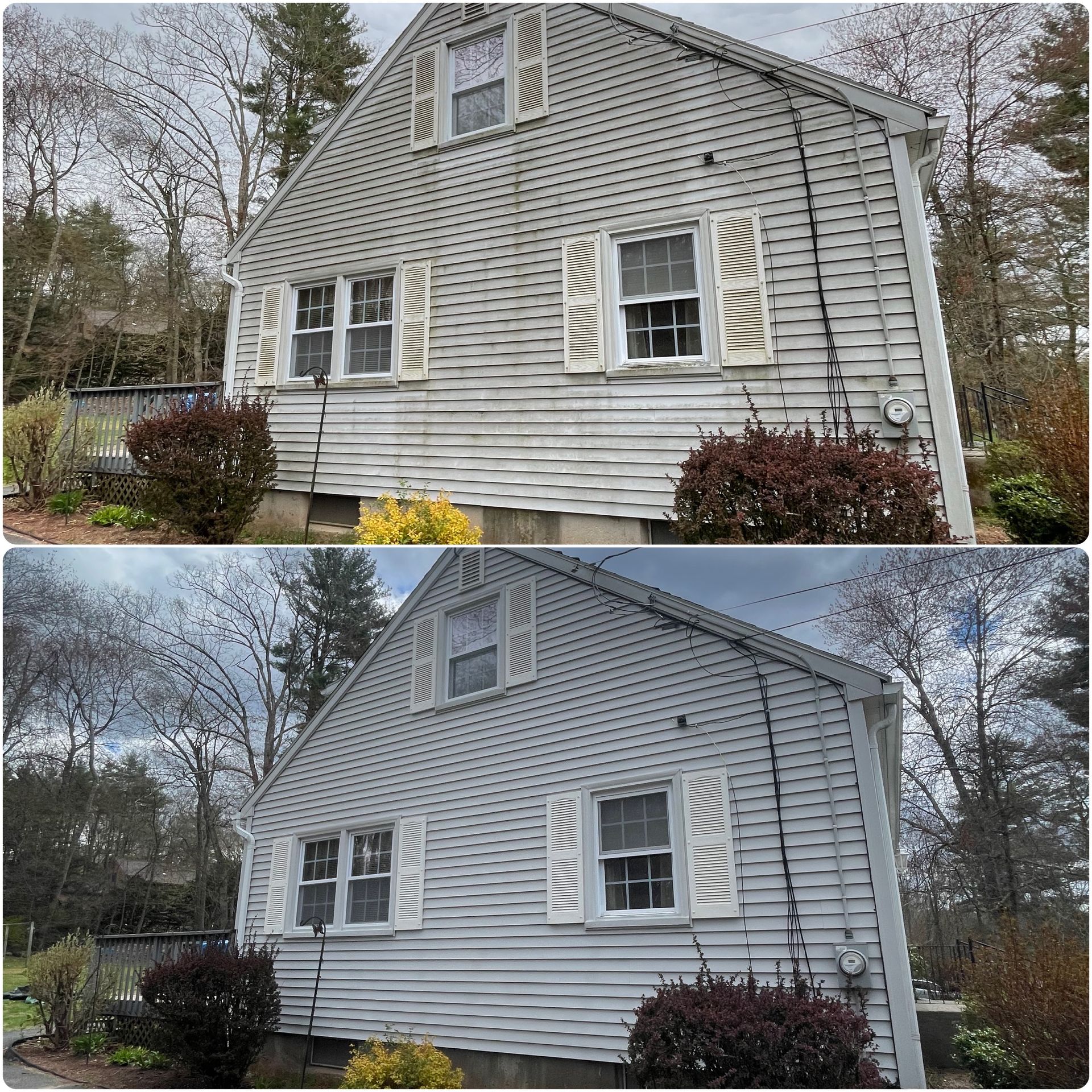 A before and after picture of a white house with shutters.