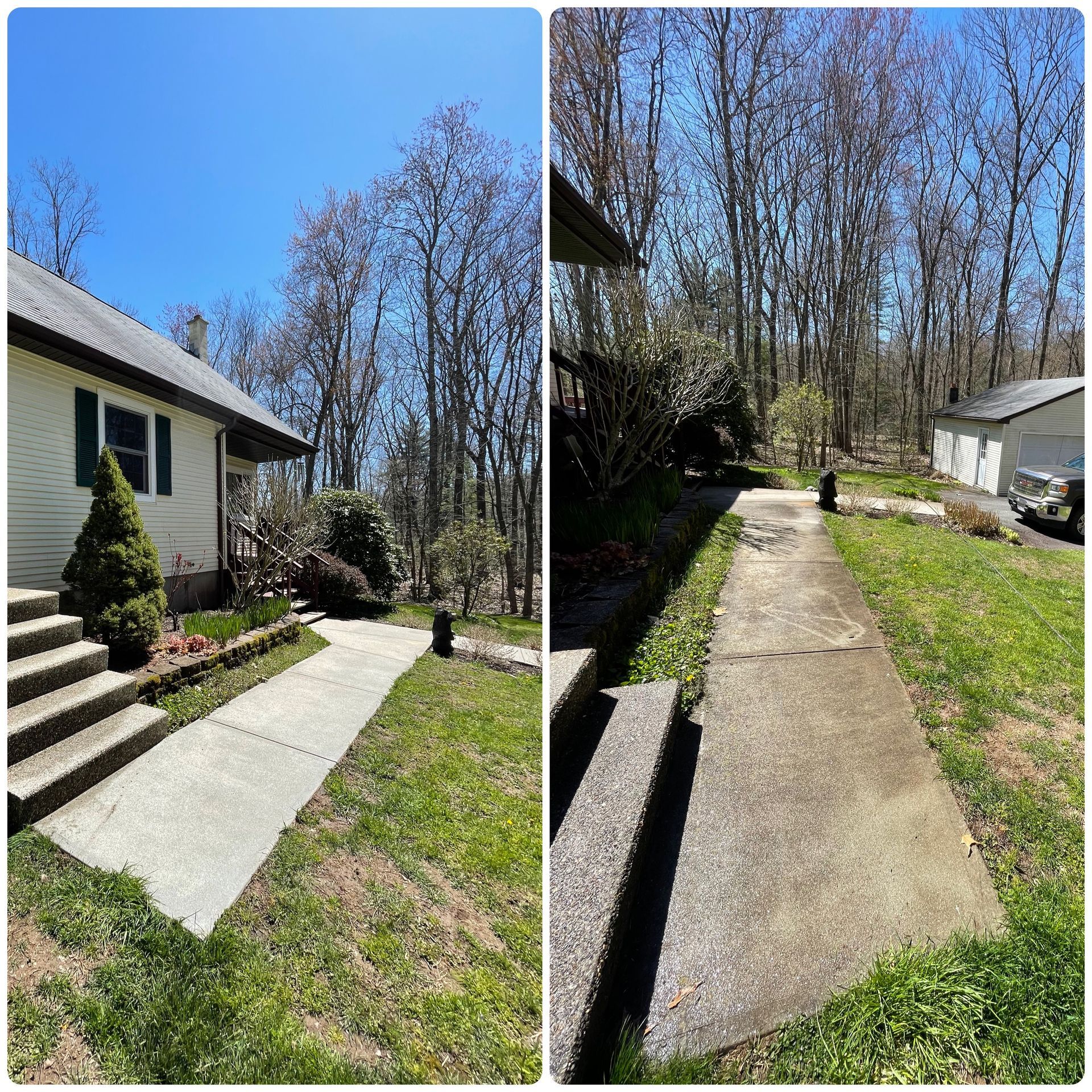 A before and after picture of a concrete walkway leading to a house.