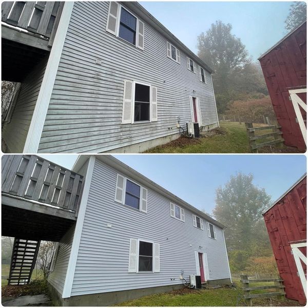 A before and after picture of a house with a red barn in the background