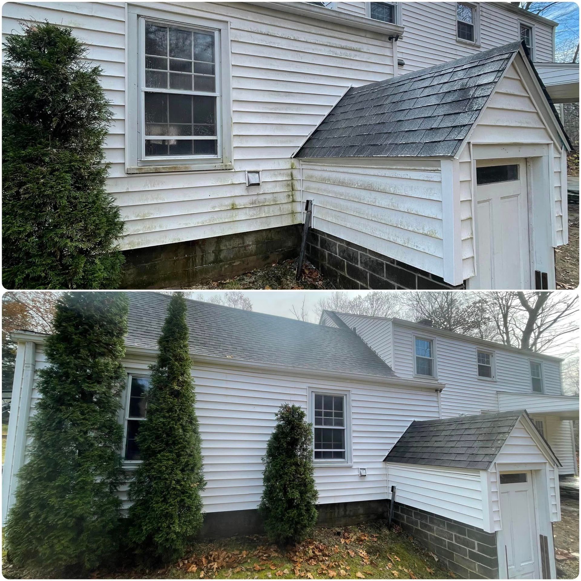 A before and after photo of a white house with a black roof