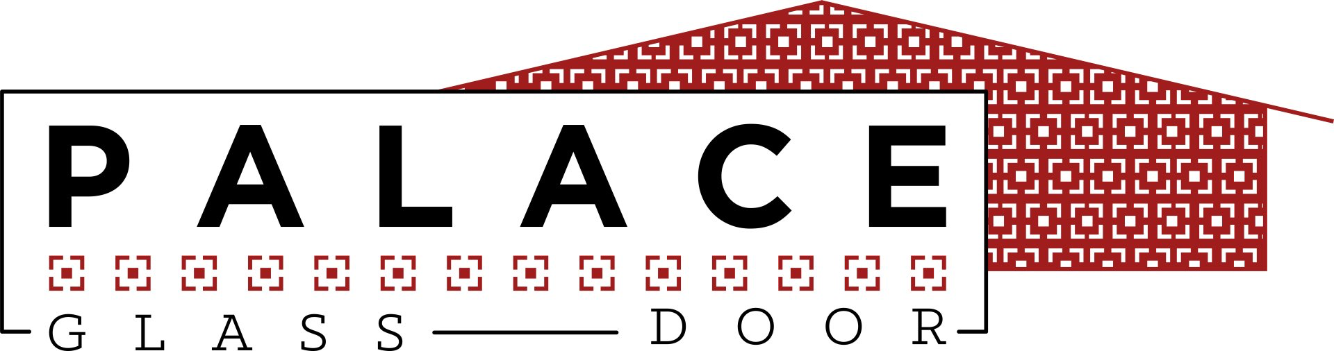 A logo for palace glass door with a red building in the background