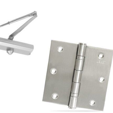 A stainless steel door closer and a stainless steel door hinge on a white background.