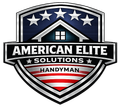 A shield-shaped logo featuring a house icon, five stars, and American flag stripes, reading "American Elite Solutions Handyman."