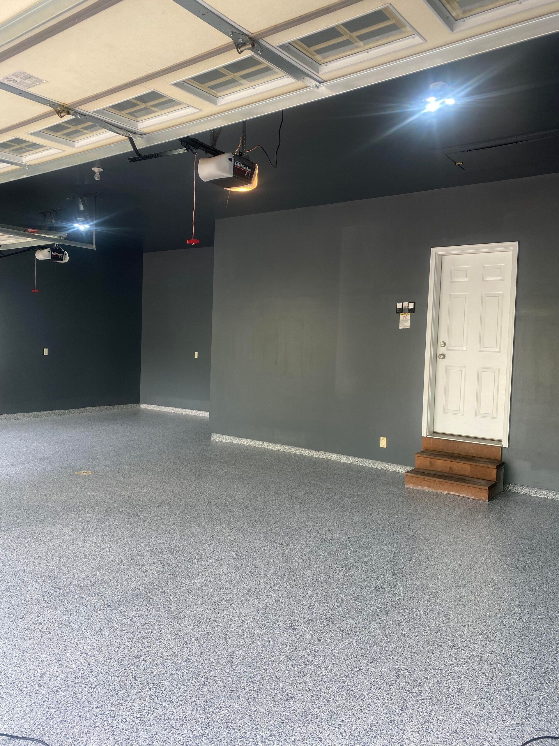 Gray-painted garage interior with speckled floor, overhead door, and a white door with steps.