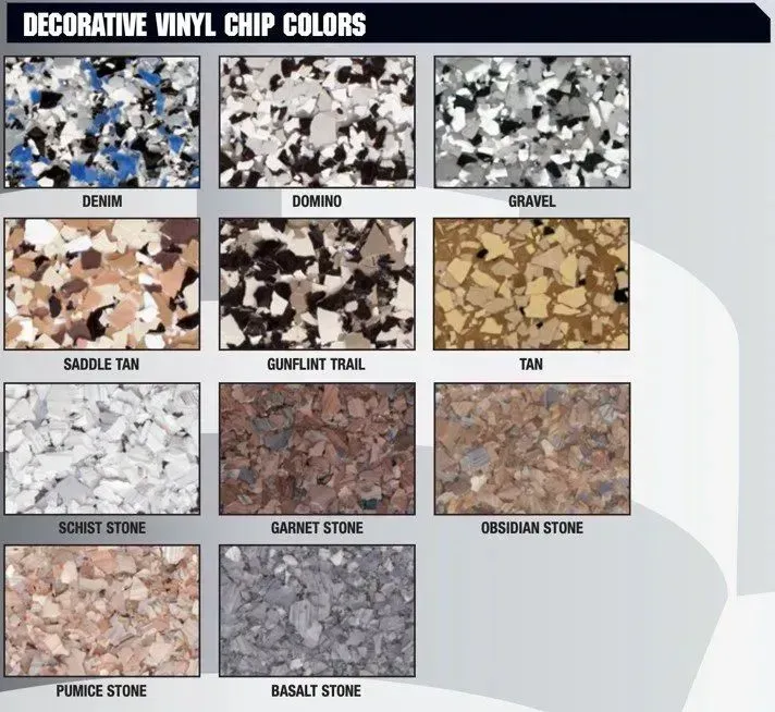 Decorative vinyl chip color swatches: Denim, Domino, Gravel, Saddle Tan, Gunflint Trail, Tan, Schist Stone, Garnet Stone, Obsidian Stone, Pumice Stone, Basalt Stone.