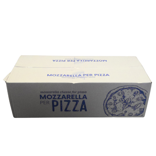 Scatola di cartone di mozzarella con l'etichetta "Mozzarella per pizza", con illustrazione di pizza.