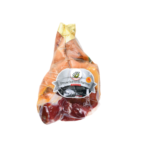 Prosciutto di Parma ham in clear packaging, with a gold ribbon. Label reads 