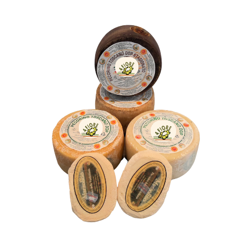 Assortimento di forme di formaggio Fiore Sardo, di colore che va dal marrone chiaro al marrone scuro, disposte su uno sfondo bianco.