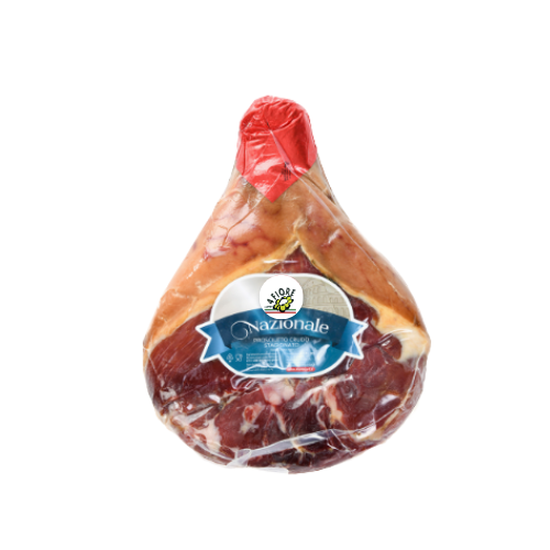 Prosciutto intero confezionato in un involucro di plastica trasparente con etichetta.