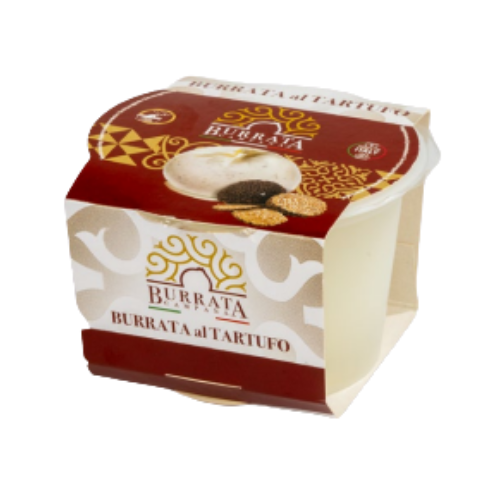 Contenitore di burrata con tartufo, formaggio bianco in confezione con dettagli bordeaux e oro.