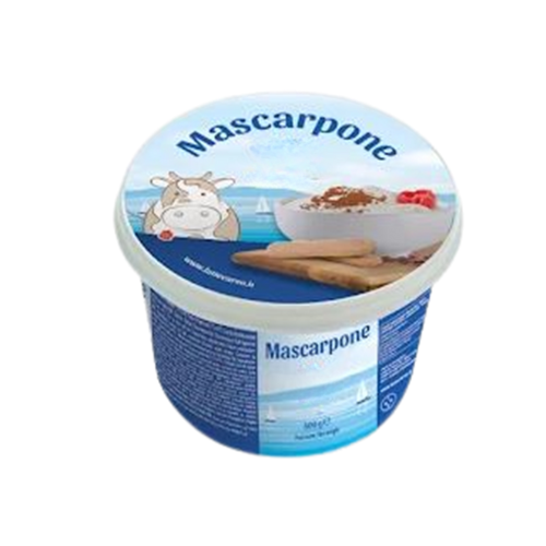 Contenitore di mascarpone con illustrazione di mucca e tiramisù.