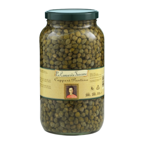 Barattolo di capperi con tappo verde ed etichetta.