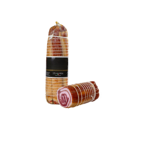 Un rotolo di carne italiana confezionato, avvolto in una rete e una pellicola trasparente, con un'etichetta che riporta la scritta 