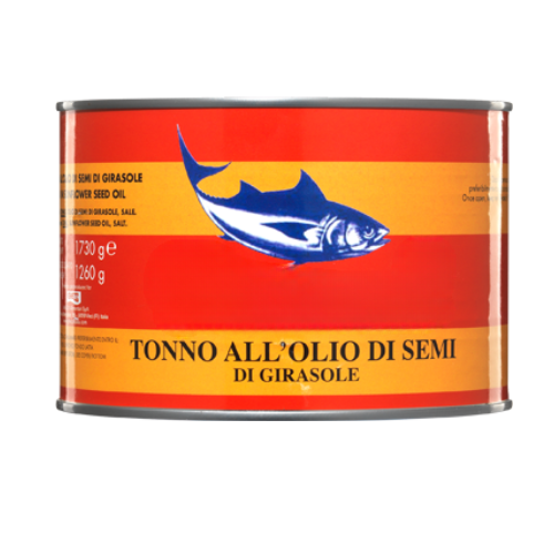 Tonno in scatola in olio di semi di girasole con illustrazione di tonno blu e bianco su strisce rosse e gialle.
