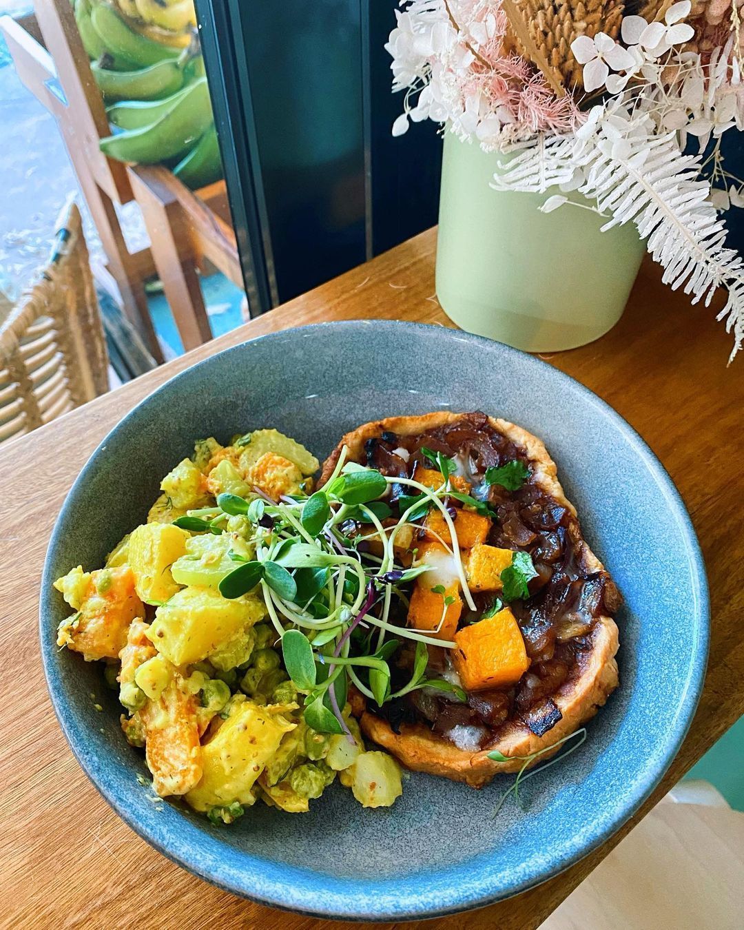 Plate of Food: Toast With Toppings, Potato Scramble, Microgreens — The Real Grocer In Golden Beach, QLD
