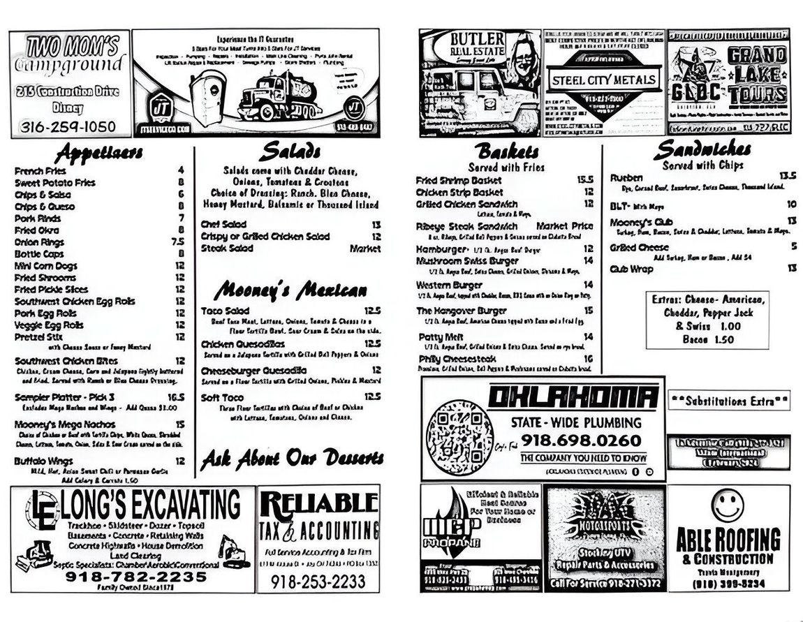 A menu for a restaurant with a lot of advertisements on it