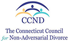 CCND logo: Three stylized figures under blue arches; text