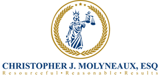 Logo for Christopher J. Molyneaux, Esq., featuring Lady Justice holding scales, encircled by a gold wreath, stars, and text.