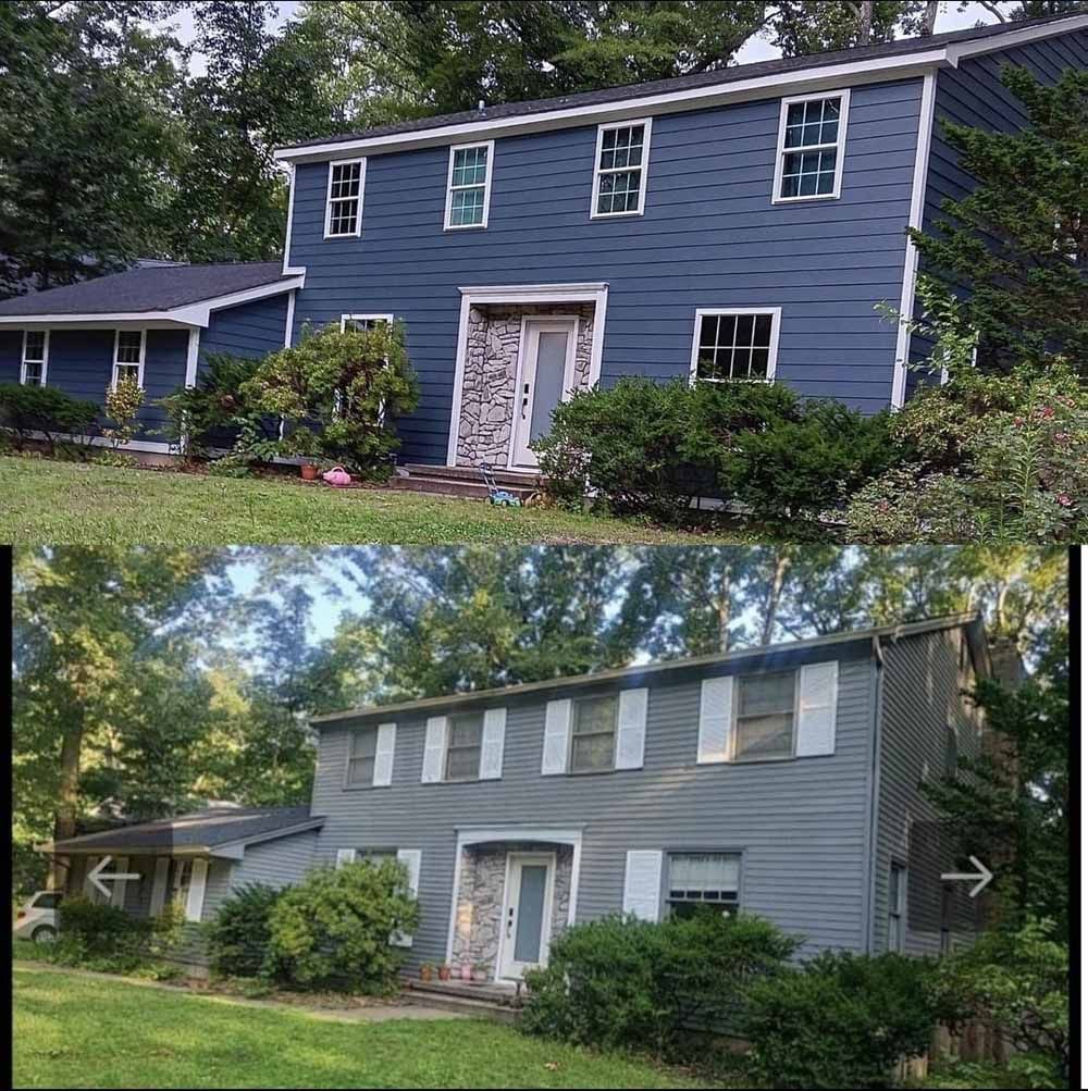 Two-story house exterior before and after painting. Top: Blue siding with white trim. Bottom: Gray siding with white shutters.