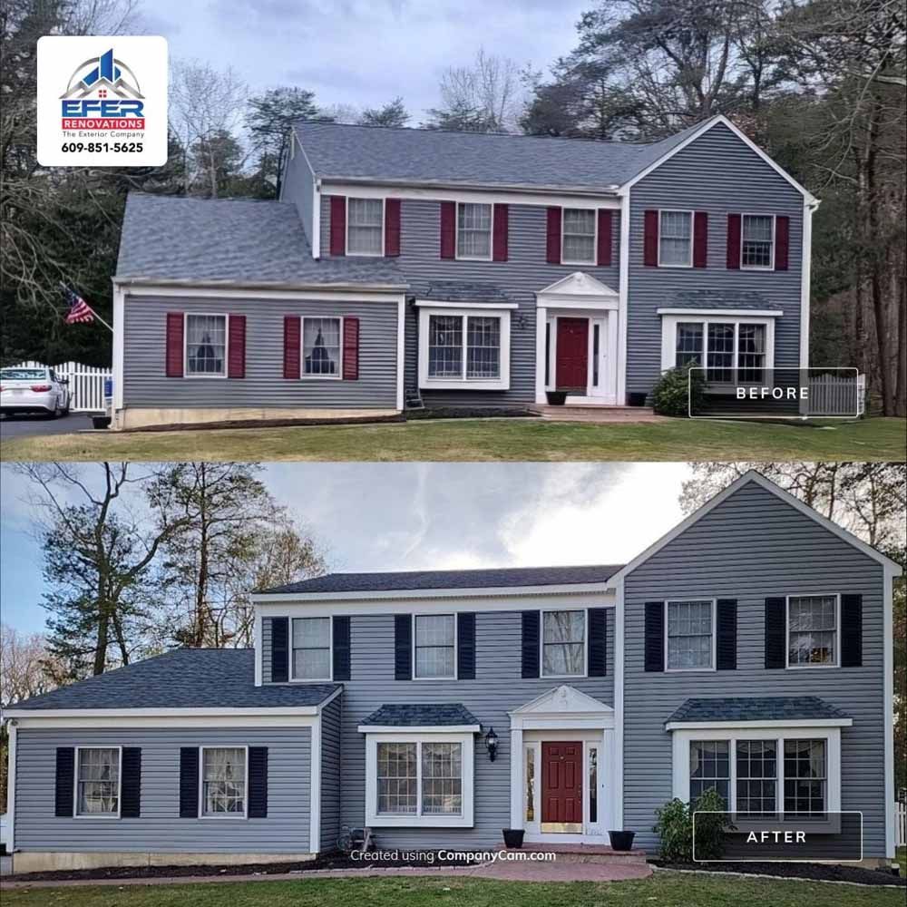 Before and after of a gray home exterior renovation, showing new siding, shutters, and roof.
