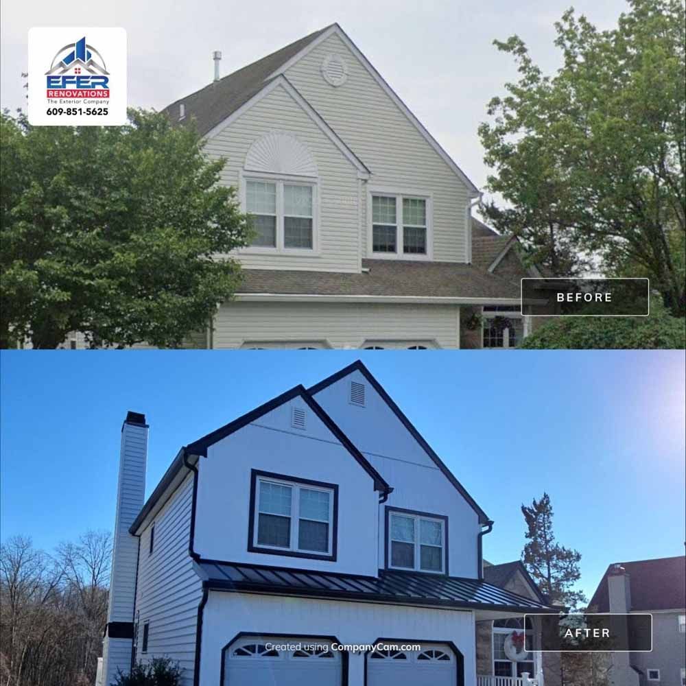 Before and after of a house with a white exterior and black trim, showing a renovation.