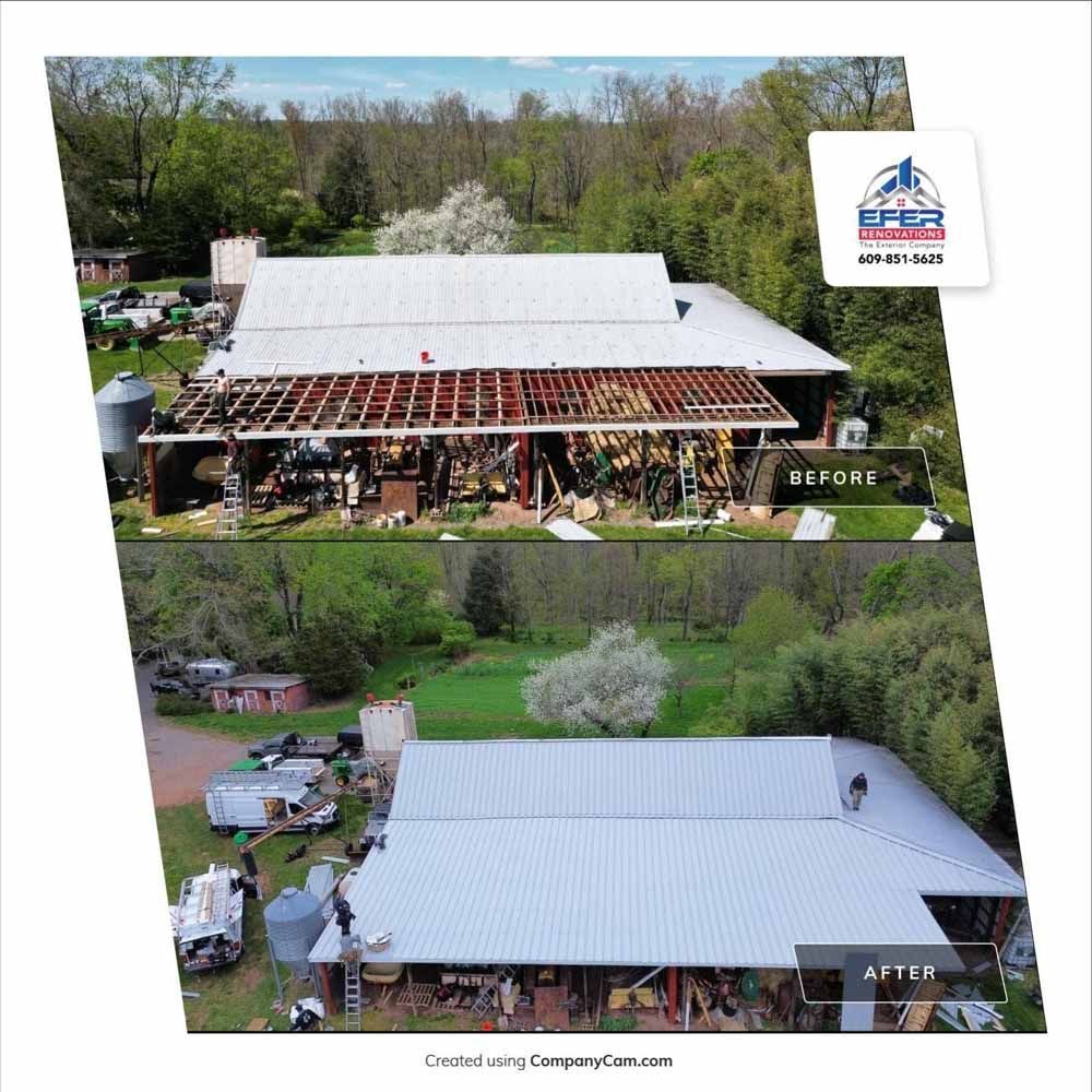Before/after aerial view of a barn roof replacement. Old roof torn off, new silver metal roof installed.
