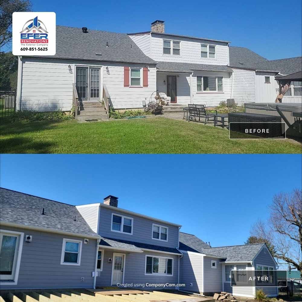 Before and after exterior home renovation. White house transforms to blue-gray with new roof and siding.