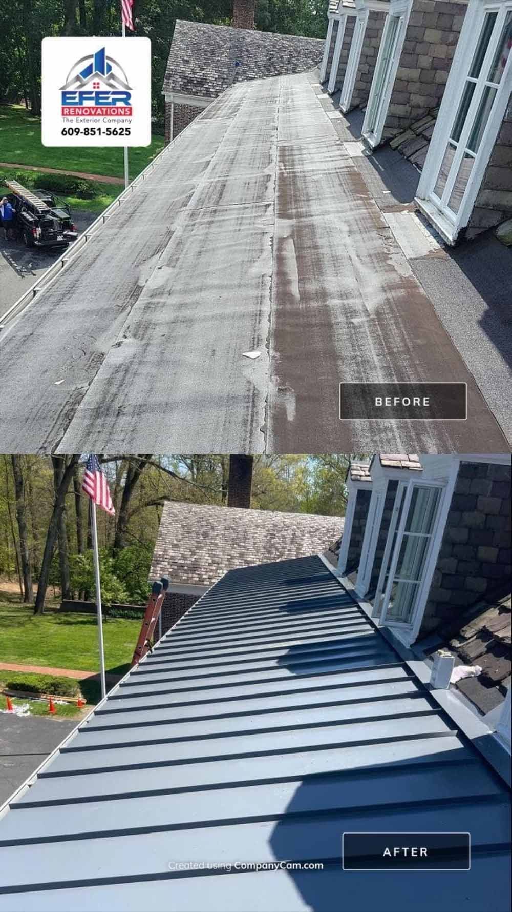 Before and after of a roof cleaning; dirty roof before, clean blue roof after.