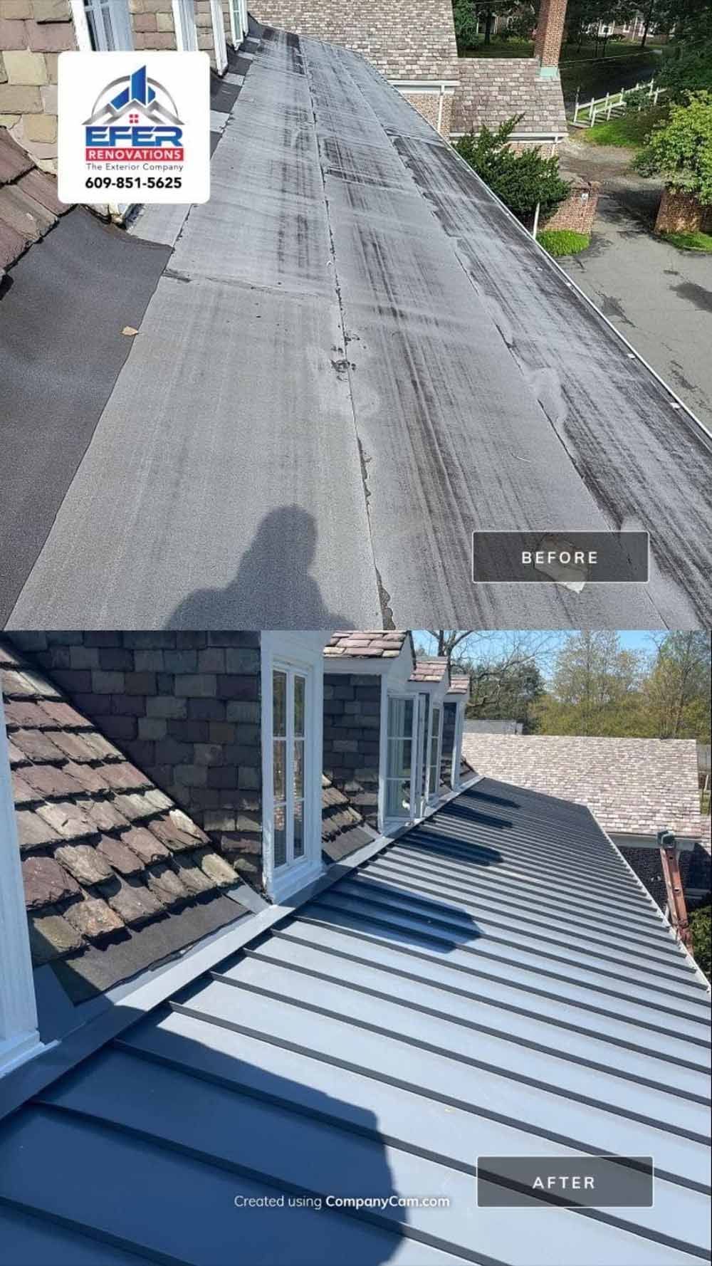 Before/after of a roof repair. Old, worn asphalt shingles replaced with new, gray metal panels.