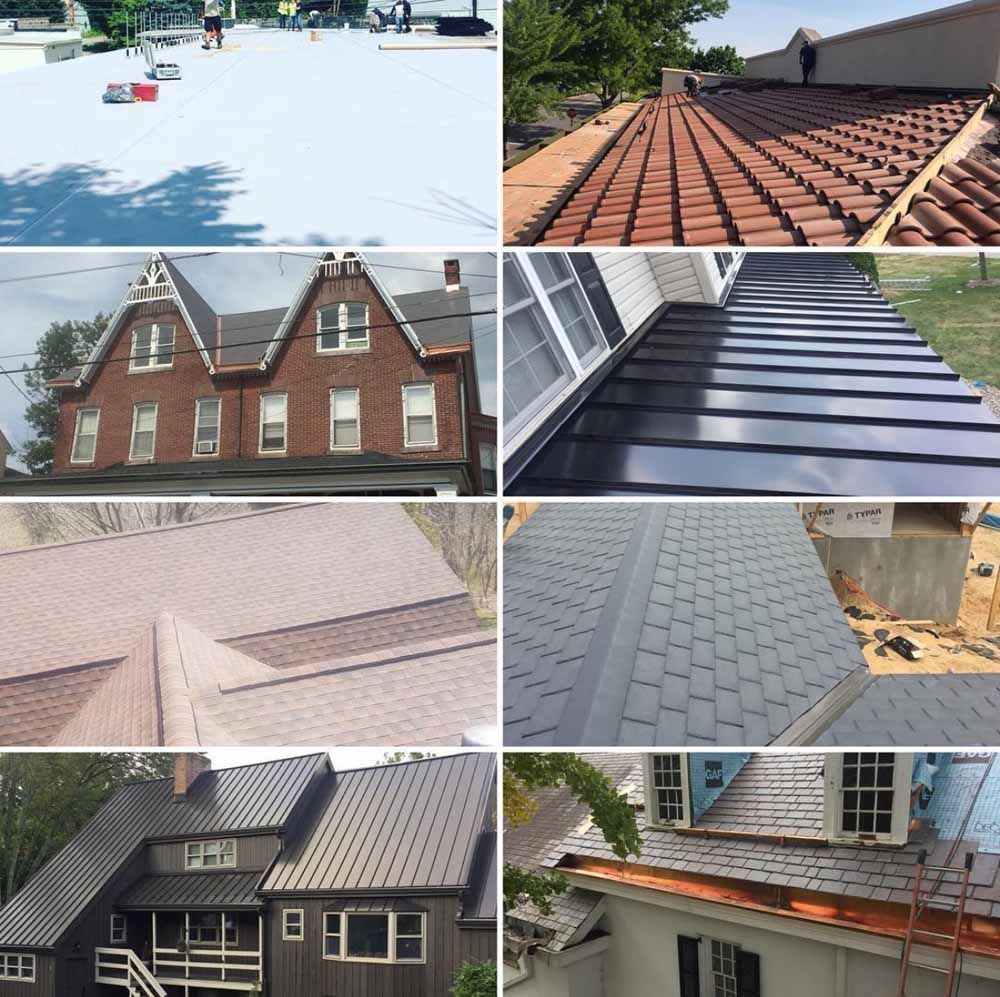 Eight images of different roofing styles and installations.