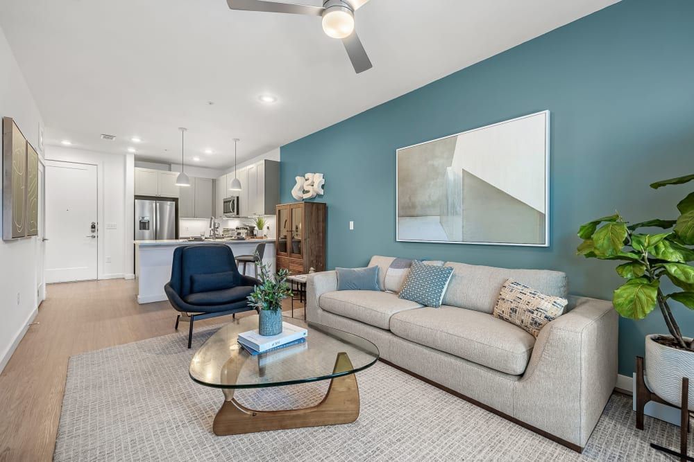 Modern living room interior with an open floor plan featuring a lounging area with a beige couch, blue accent chair, and a glass coffee table on a textured rug. A blue accent wall with a large abstract painting complements the white walls. The connected kitchen appears in the background with white cabinets and stainless steel appliances. No people are visible at 44 South in Austin, TX.