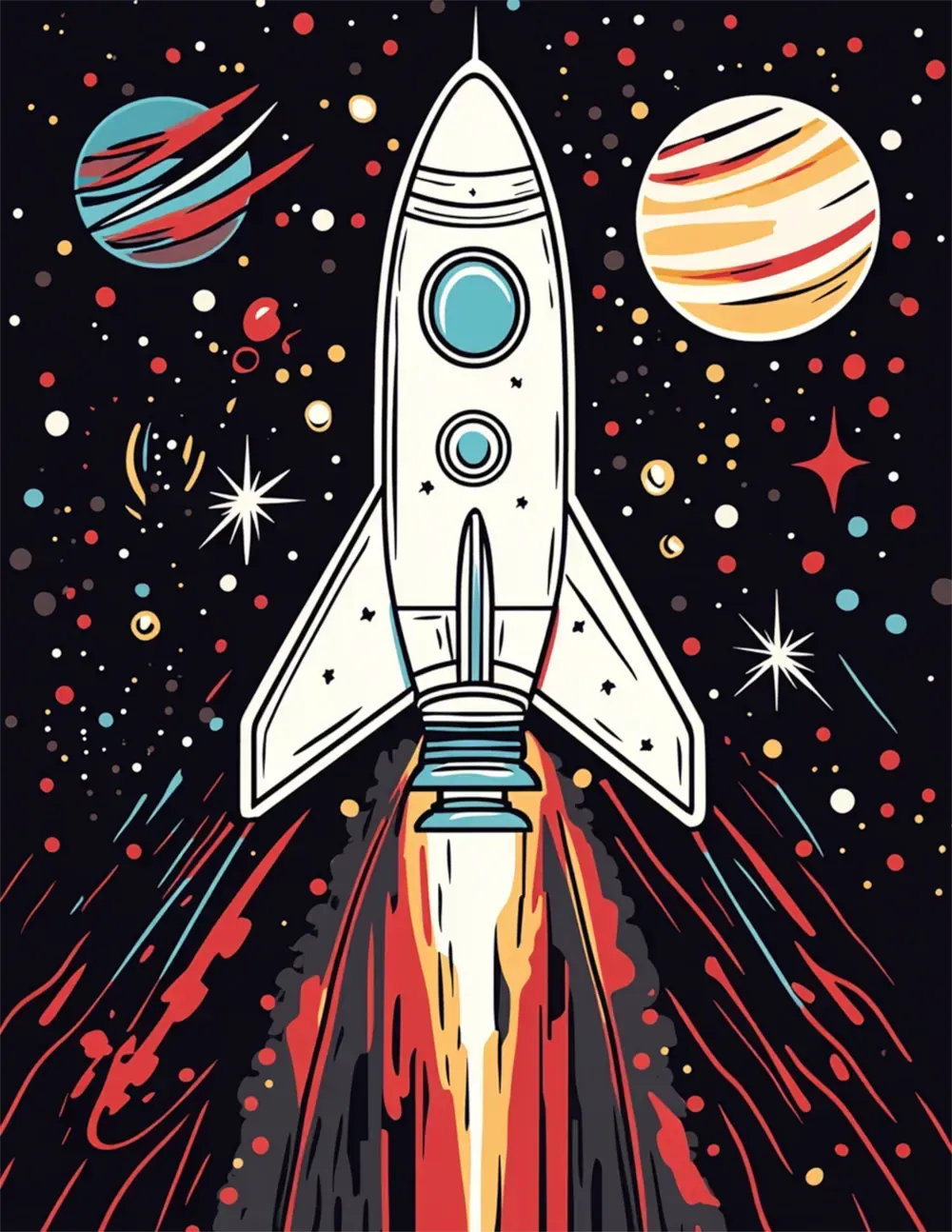 A rocket is flying through space with planets in the background.