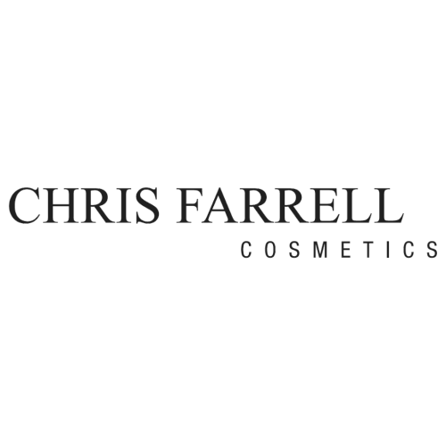 The logo for chris farrell cosmetics is black and white.