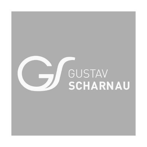 The logo for gustav scharnau is white on a gray background.