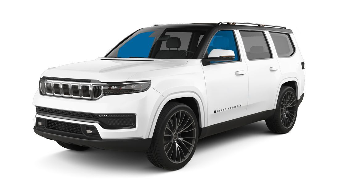 A white Jeep Wagoneer SUV with a black roof and black wheels shown from a front-quarter angle against a white background.