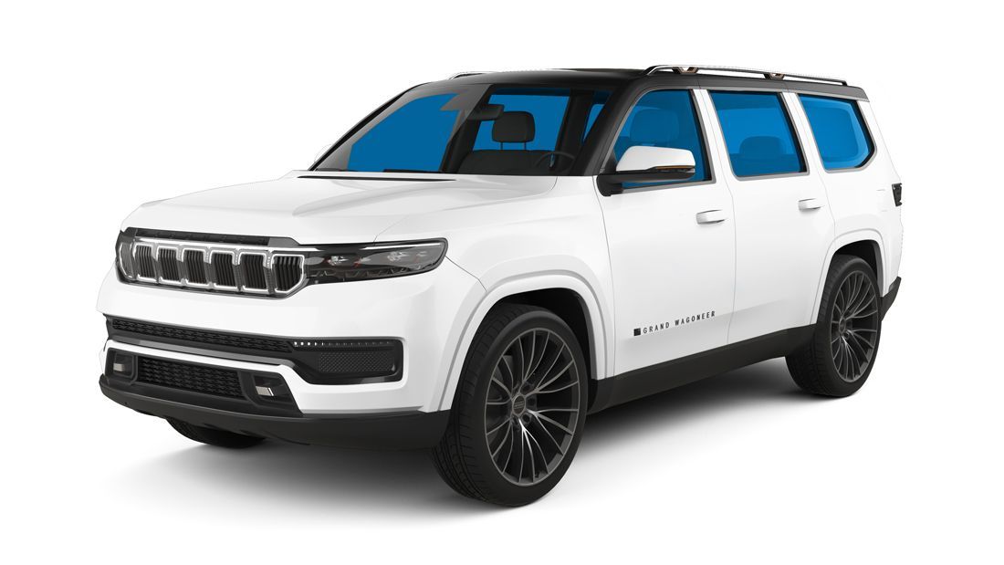 A white Jeep Grand Wagoneer SUV with a black roof and black wheels on a white background.