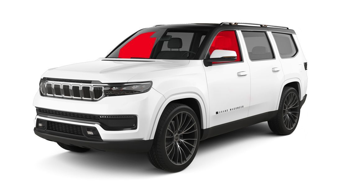 A white Jeep Wagoneer SUV against a white background, featuring a two-tone black roof and dark multi-spoke wheels.