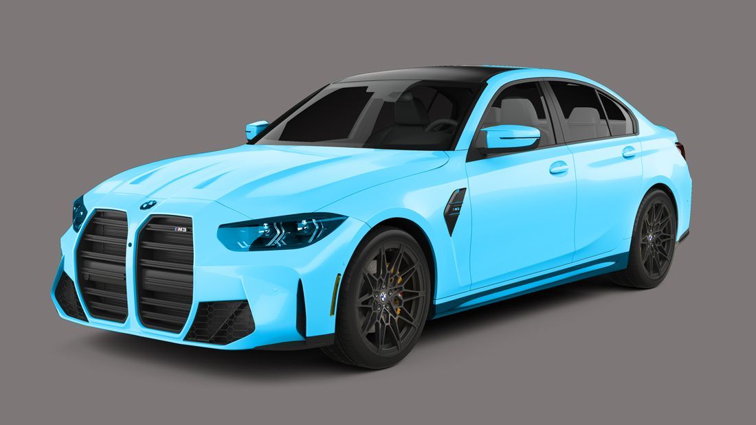 A bright blue BMW M3 sedan with a black roof and black wheels parked against a plain grey background.