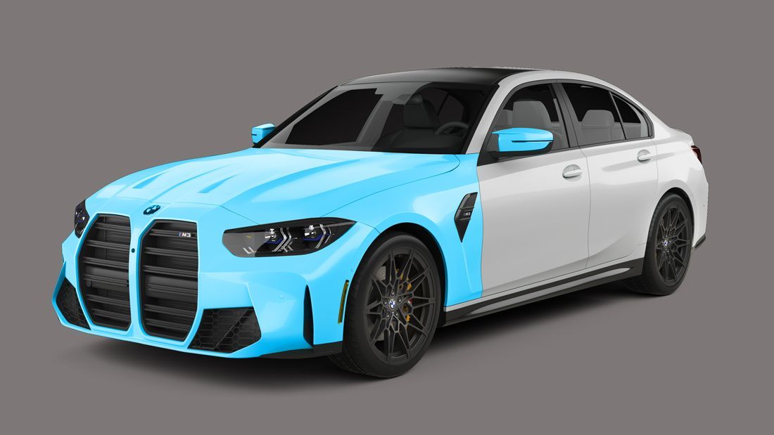 A white BMW sedan with a light blue front hood, bumper, and front side panels, viewed from a high-angle side perspective.