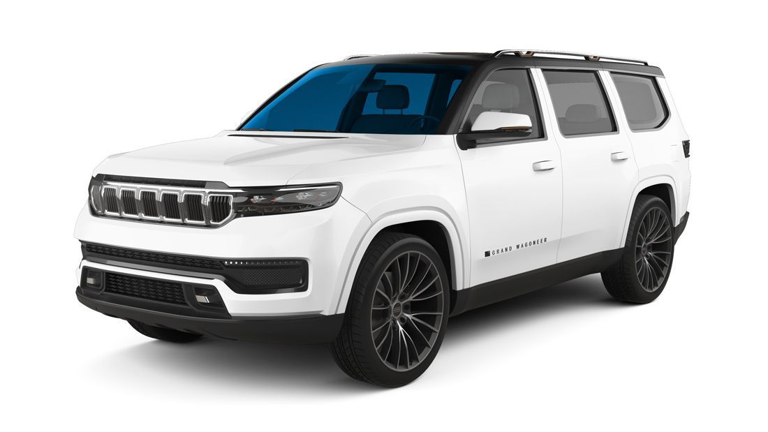 White Jeep Grand Wagoneer SUV with a black roof and black wheels shown from a front-quarter perspective.