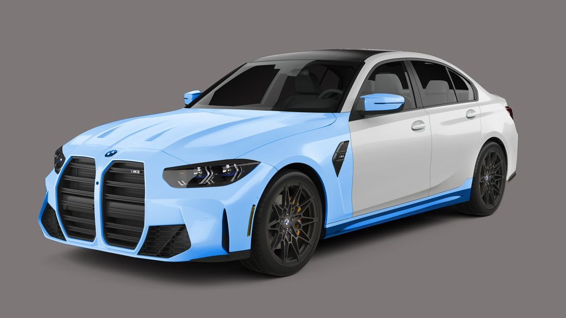 A two-tone BMW M3 sedan with a light blue front and white rear section, displayed against a plain gray background.
