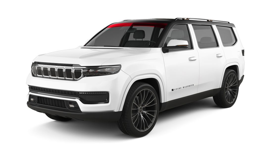 A white Jeep Wagoneer SUV against a white background, featuring a two-tone black roof and dark multi-spoke wheels.